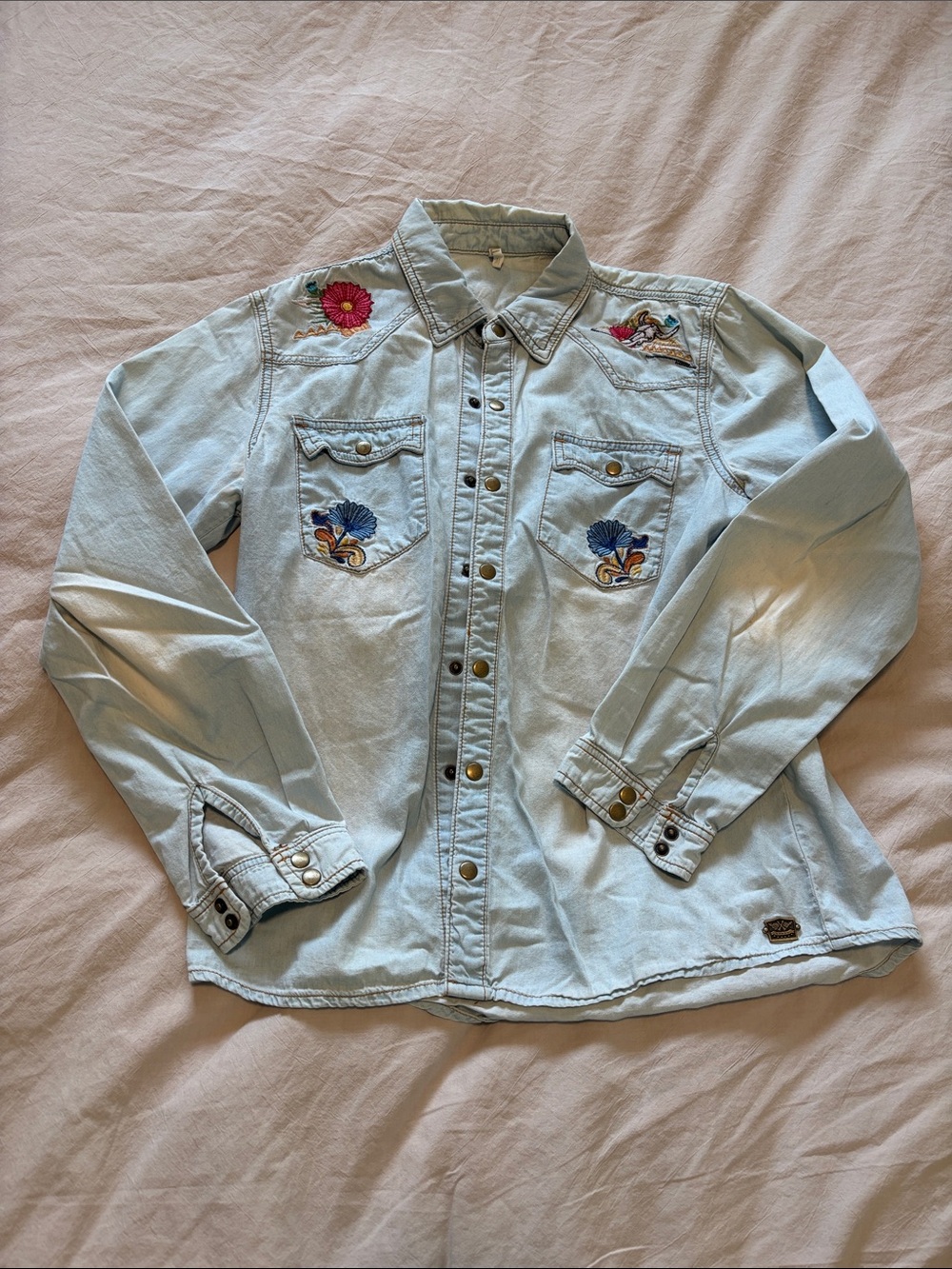 Spell Pale Blue Embroidered Denim Snap-Front Shirt